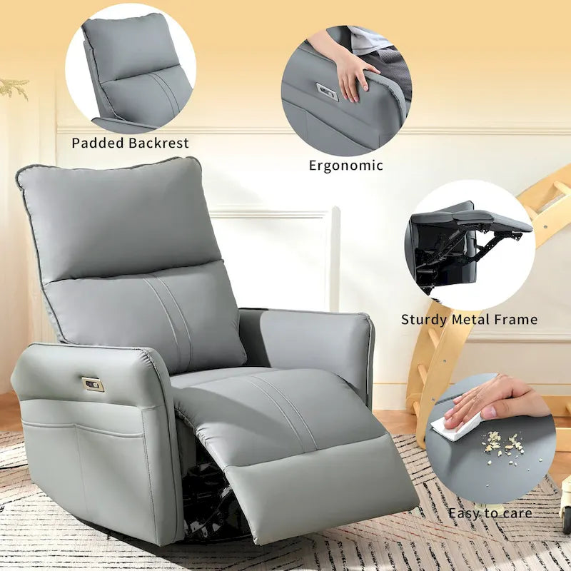 Power 270 Swivel Rocker Recliner Chair with USB Ports, Electric PU Small Recliners for Small Spaces