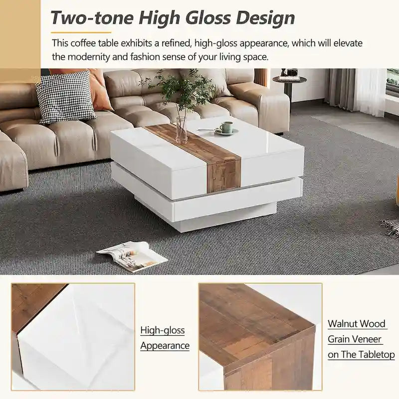 Square Coffee Table with Sliding Tabletop and Hidden Storage