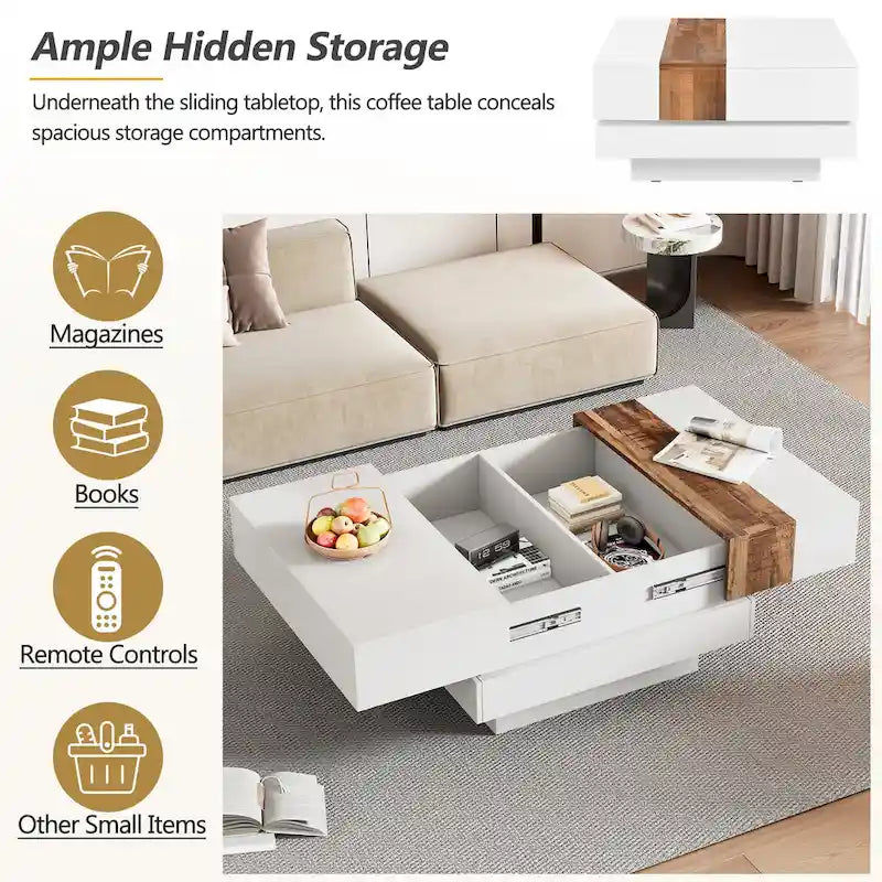 Square Coffee Table with Sliding Tabletop and Hidden Storage
