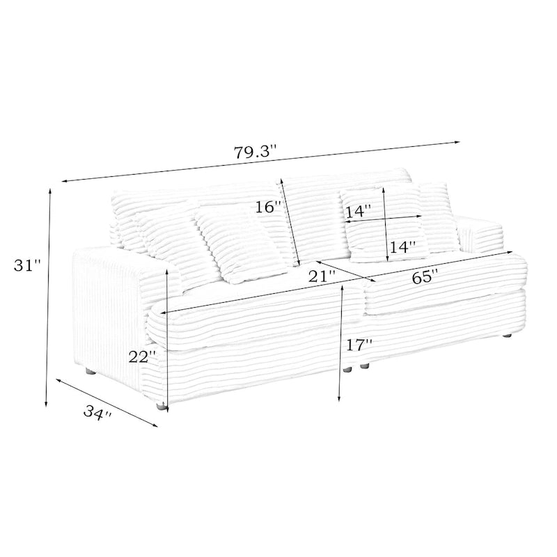 79.3  Corduroy 3-seater Sofa with Toss Pillows and Spring Cushion