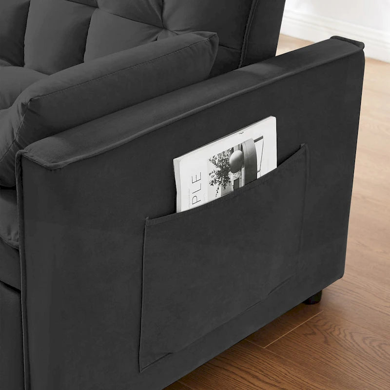 Black 55.2  Velvet Pull-Out Sofa Bed with Toss Pillows and Pockets