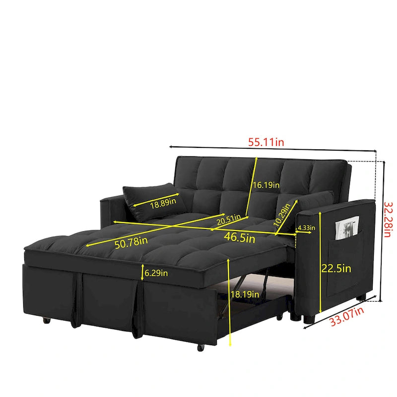 Black 55.2  Velvet Pull-Out Sofa Bed with Toss Pillows and Pockets
