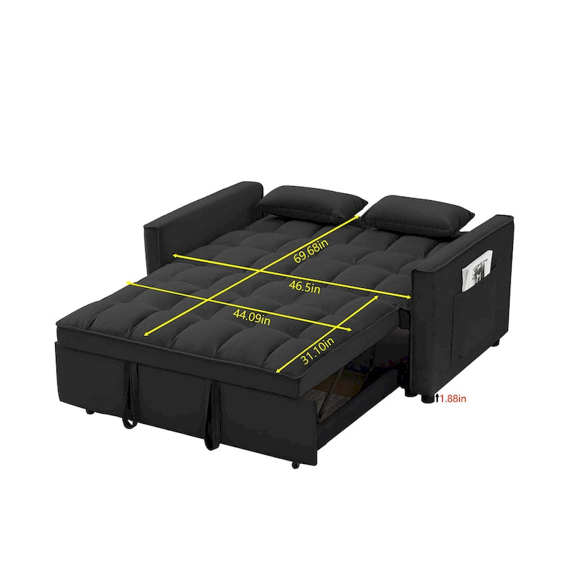 Black 55.2  Velvet Pull-Out Sofa Bed with Toss Pillows and Pockets