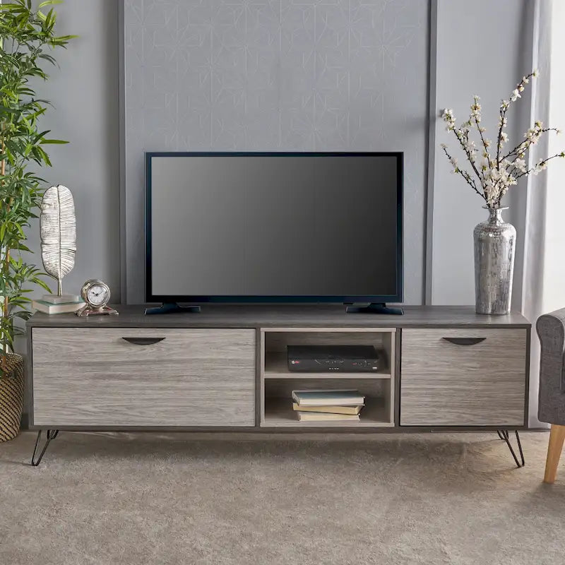 Grey 71.1  TV Stand with Fold-Out Cabinet, Regular Cabinet, and 2 Shelves for TVs Up to 79