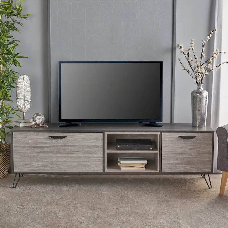 Grey 71.1  TV Stand with Fold-Out Cabinet, Regular Cabinet, and 2 Shelves for TVs Up to 79 