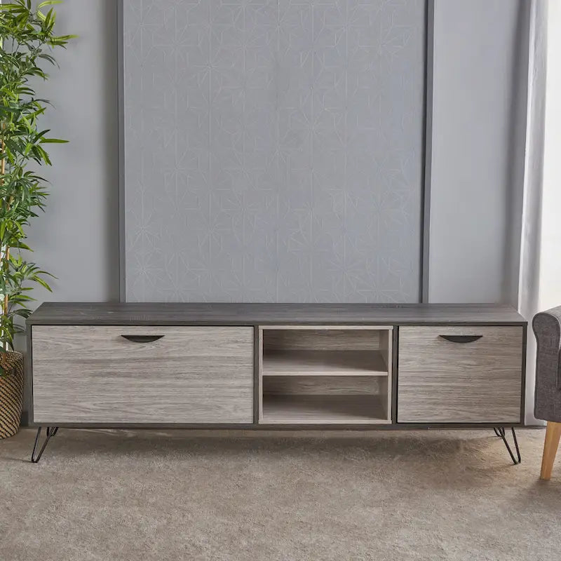 Grey 71.1  TV Stand with Fold-Out Cabinet, Regular Cabinet, and 2 Shelves for TVs Up to 79