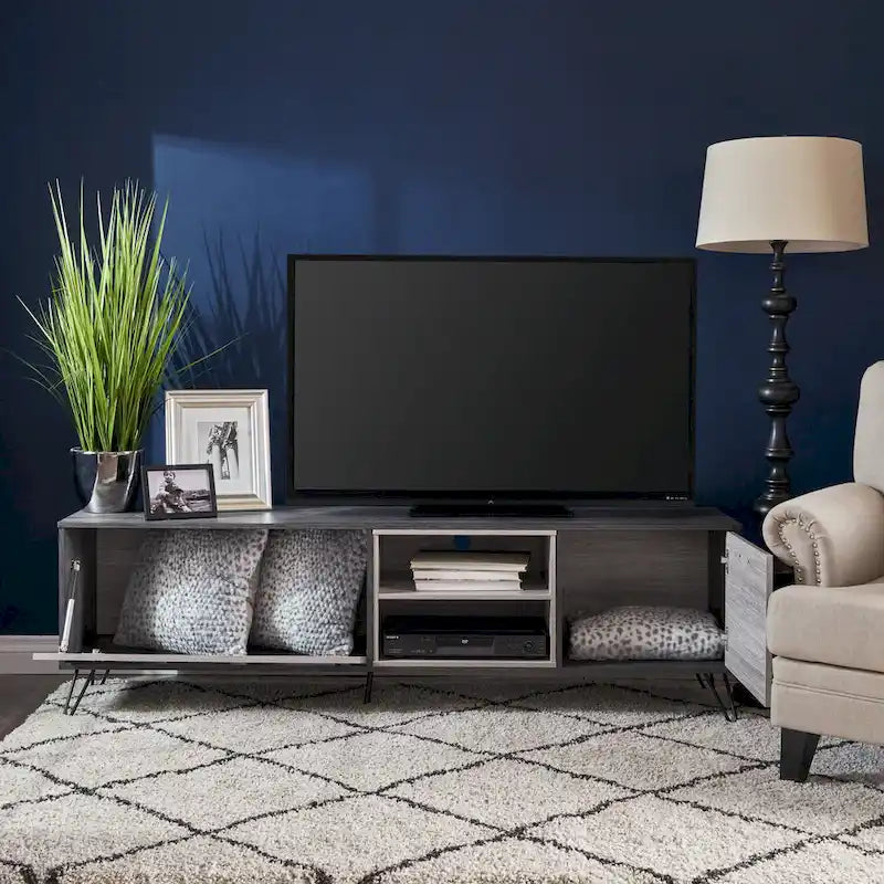 Grey 71.1  TV Stand with Fold-Out Cabinet, Regular Cabinet, and 2 Shelves for TVs Up to 79