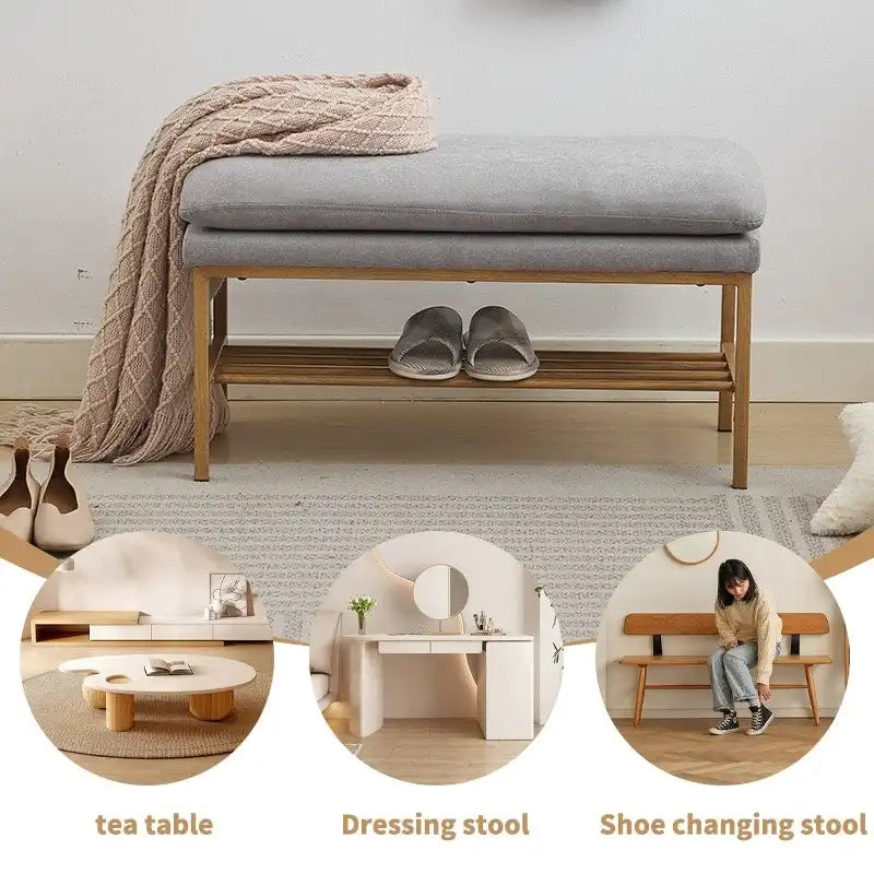 End of Bed Bench with Shelf, Linen Upholstered Storage Shoe Bench, Modern Bedroom Bench with Metal Legs