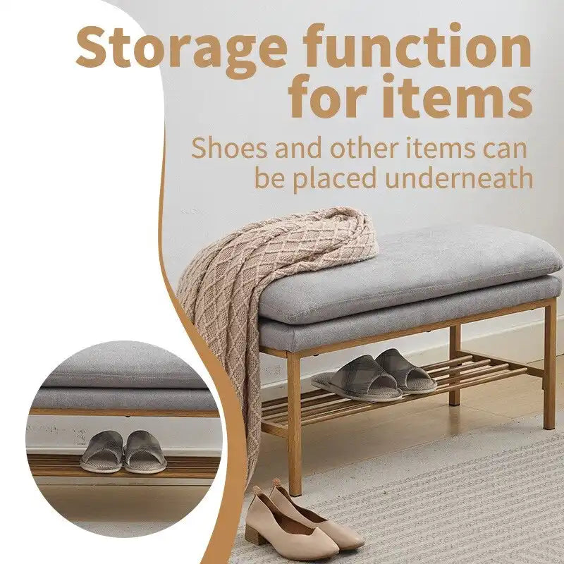 End of Bed Bench with Shelf, Linen Upholstered Storage Shoe Bench, Modern Bedroom Bench with Metal Legs