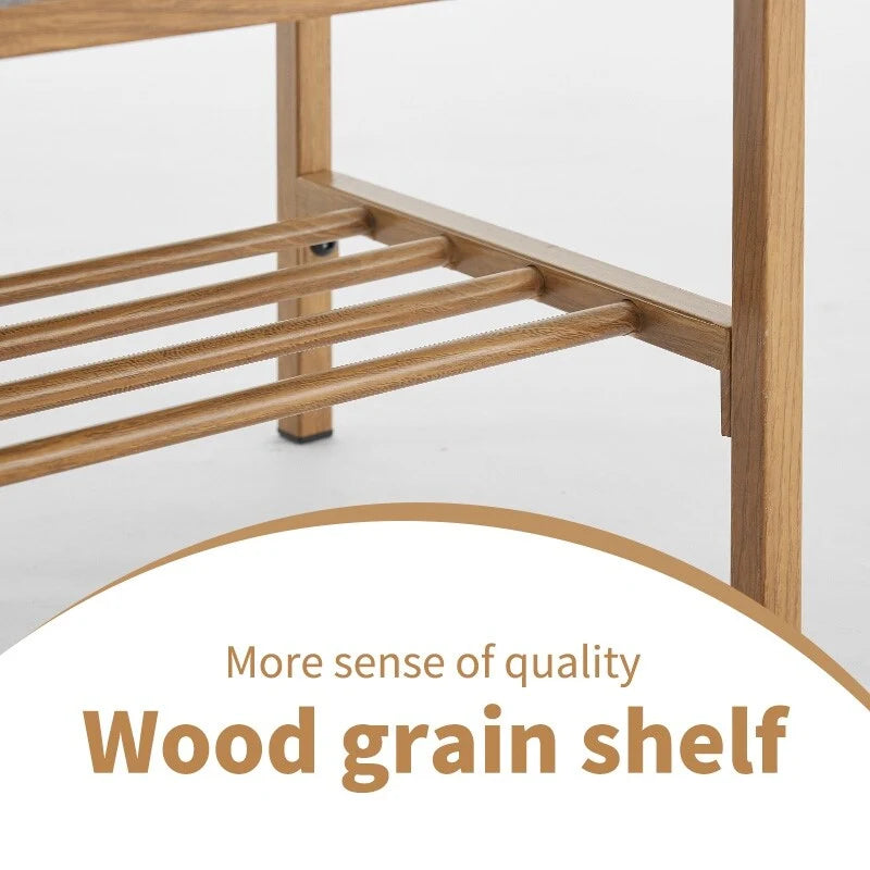 End of Bed Bench with Shelf, Linen Upholstered Storage Shoe Bench, Modern Bedroom Bench with Metal Legs