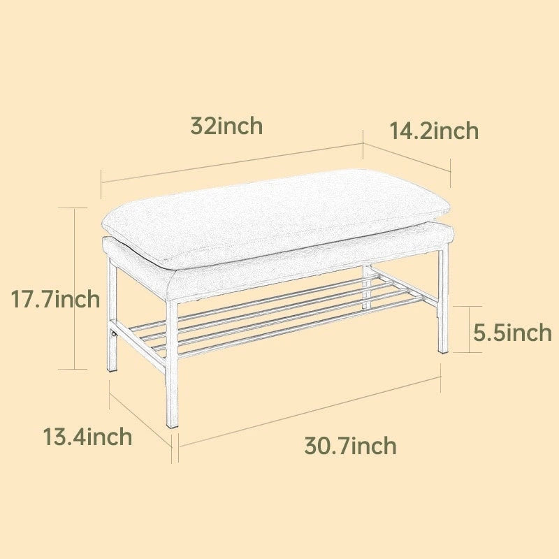 End of Bed Bench with Shelf, Linen Upholstered Storage Shoe Bench, Modern Bedroom Bench with Metal Legs