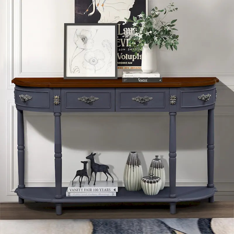 52 inch Circular Half Moon Sofa Table with Open Shelf and 2 Drawers