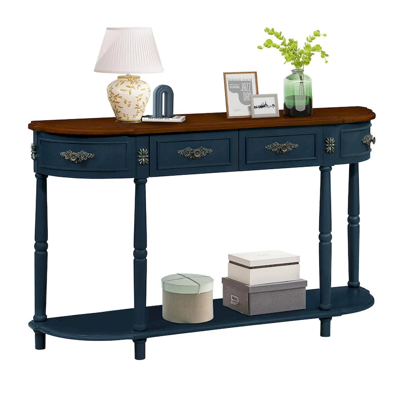 52 inch Circular Half Moon Sofa Table with Open Shelf and 2 Drawers