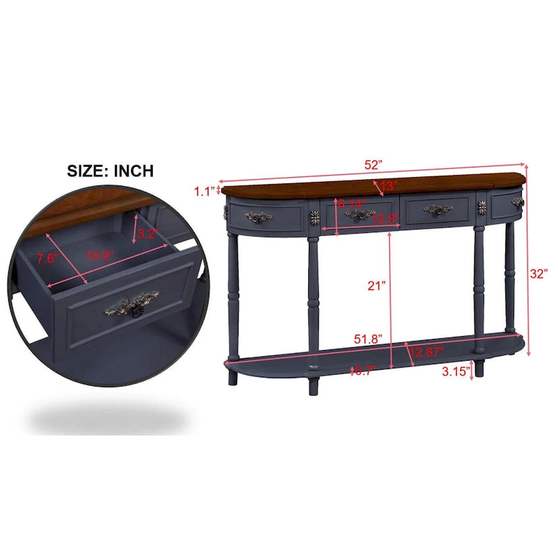 52 inch Circular Half Moon Sofa Table with Open Shelf and 2 Drawers