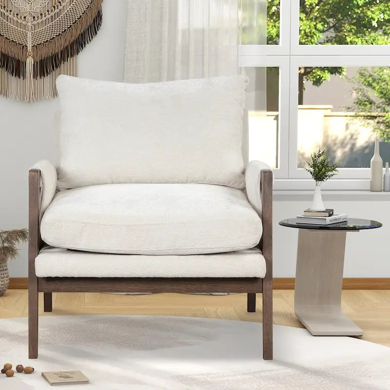 White 35.4  Velvet Arm Chair with Rubber Wood Frame