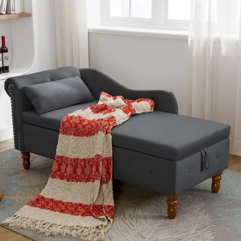 Black 58.26  Velvet Upholstered Button Tufted Chaise Lounge Chair with Storage