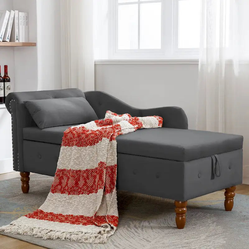 Black 58.26  Velvet Upholstered Button Tufted Chaise Lounge Chair with Storage
