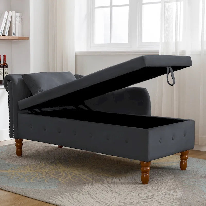 Black 58.26  Velvet Upholstered Button Tufted Chaise Lounge Chair with Storage