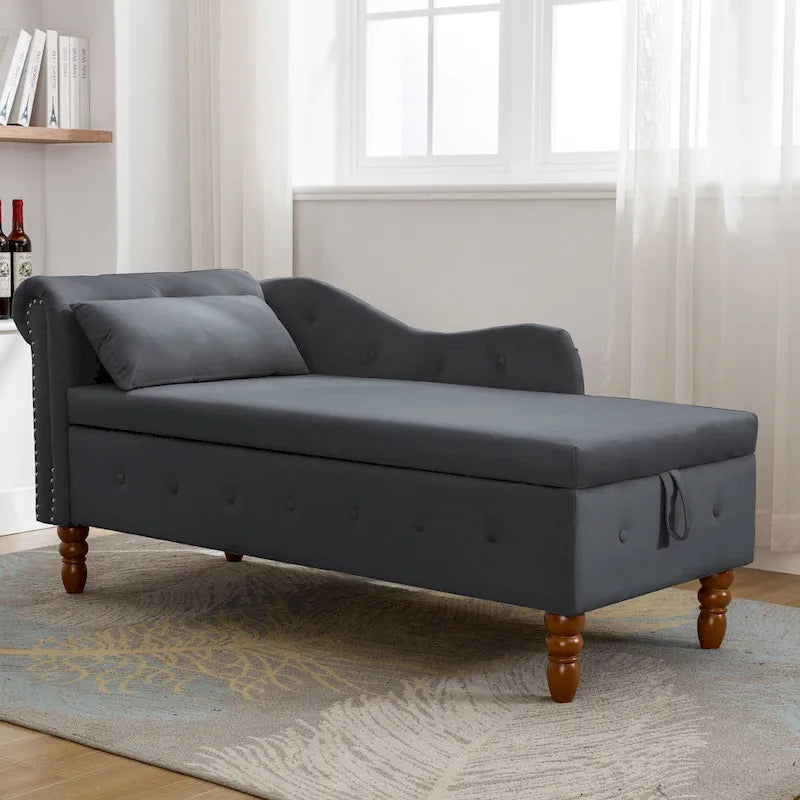 Black 58.26  Velvet Upholstered Button Tufted Chaise Lounge Chair with Storage
