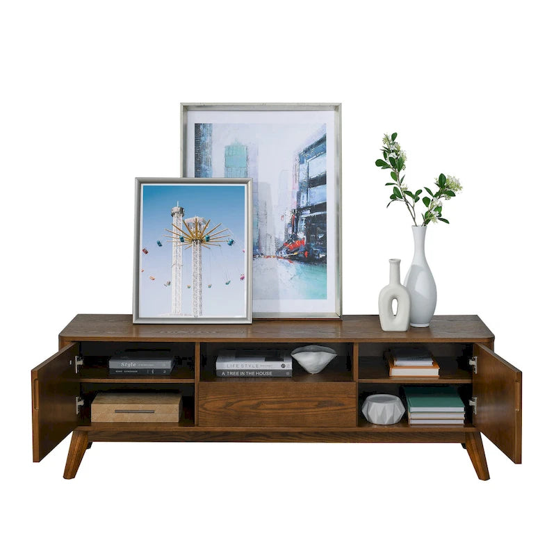 Fluted TV Stand for 65 inch TV,Entertainment Center with Storage,Wood Media Console, Accent Table,2 Door,1 Drawer,Wood Leg