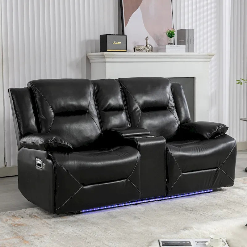 2 Seater Home Theater Recliner Manual Recliner Chair with a LED Light Strip Two Cup Holders and a Storage Box