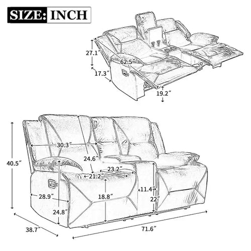 2 Seater Home Theater Recliner Manual Recliner Chair with a LED Light Strip Two Cup Holders and a Storage Box