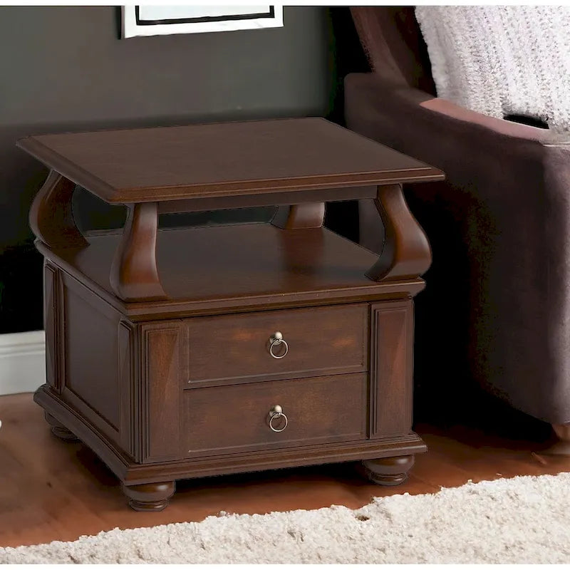 HomeRoots 26  Brown Solid Wood Square End Table With Two Drawers And Shelf - 26' X '26' X '28