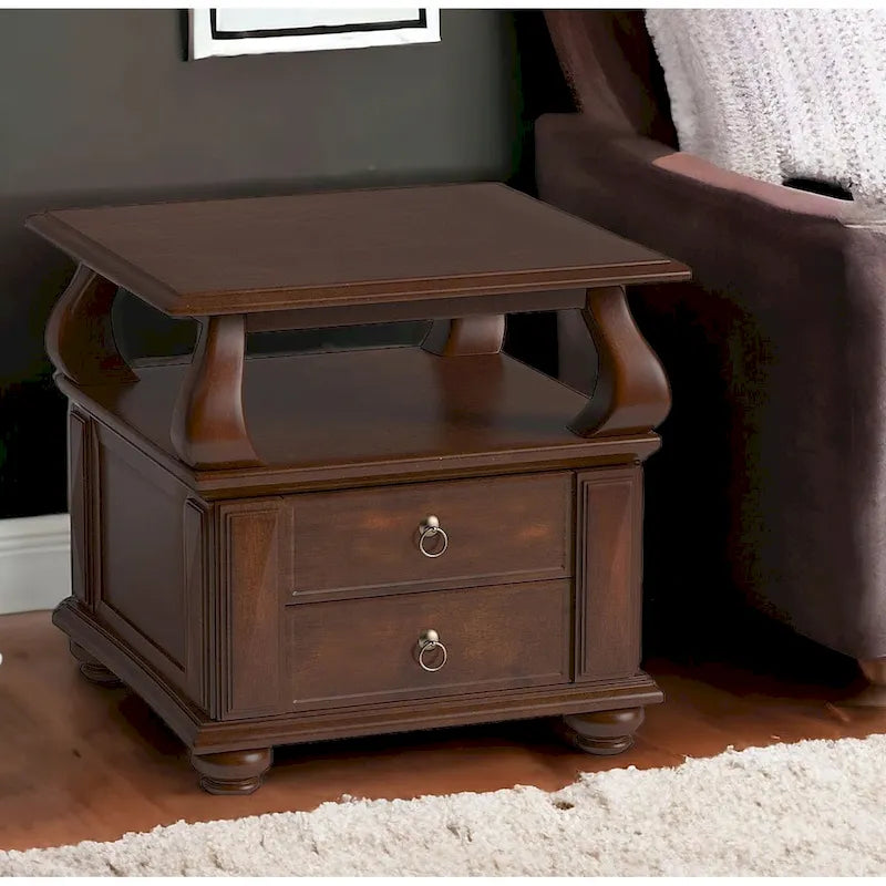 HomeRoots 26  Brown Solid Wood Square End Table With Two Drawers And Shelf - 26' X '26' X '28
