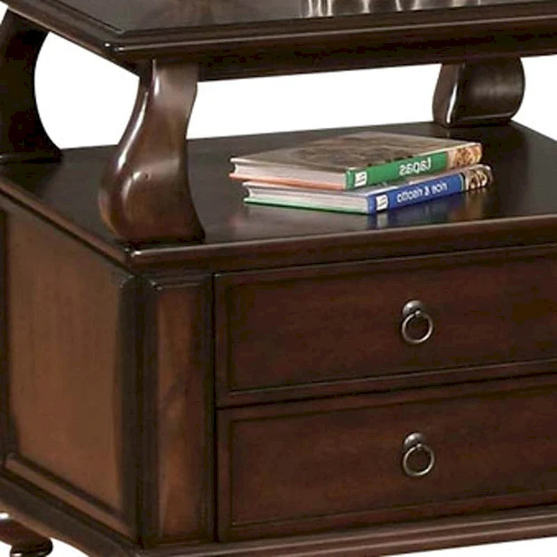 HomeRoots 26  Brown Solid Wood Square End Table With Two Drawers And Shelf - 26' X '26' X '28