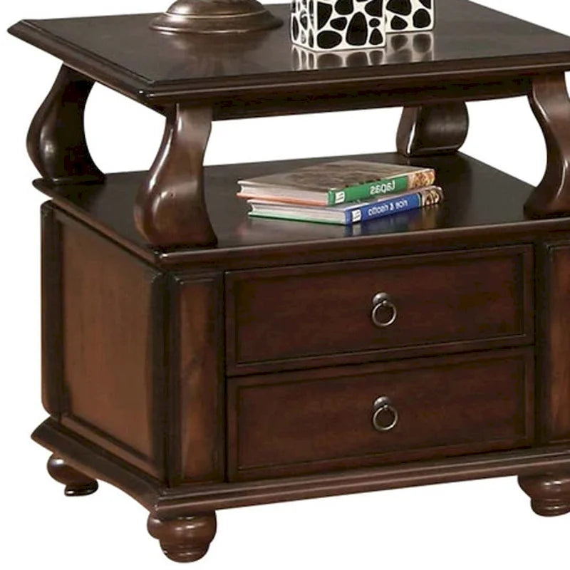 HomeRoots 26  Brown Solid Wood Square End Table With Two Drawers And Shelf - 26' X '26' X '28