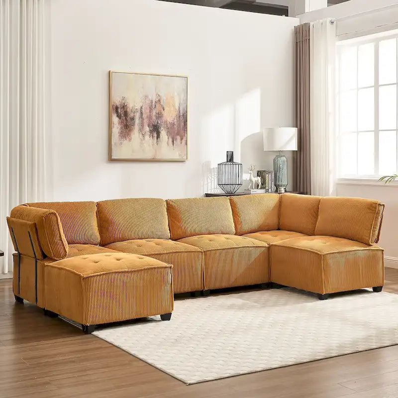 U-Shaped Corduroy Upholstered 6-Seat Convertible Modular Sectional Sofa Fit for Living Room