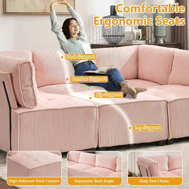 U-Shaped Corduroy Upholstered 6-Seat Convertible Modular Sectional Sofa Fit for Living Room