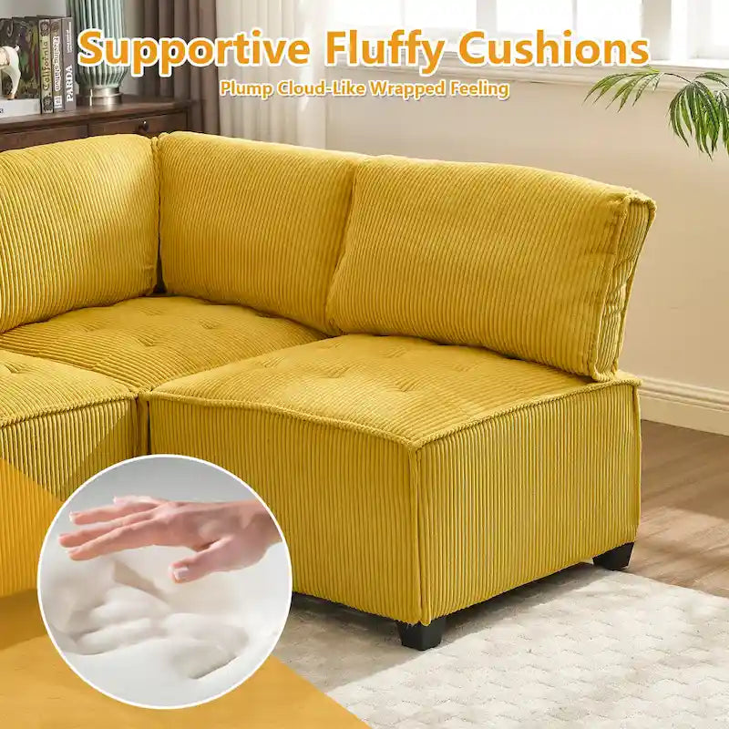 U-Shaped Corduroy Upholstered 6-Seat Convertible Modular Sectional Sofa Fit for Living Room