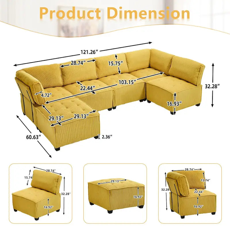 U-Shaped Corduroy Upholstered 6-Seat Convertible Modular Sectional Sofa Fit for Living Room