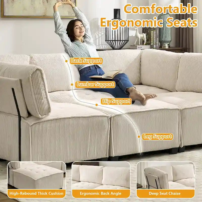 U-Shaped Corduroy Upholstered 6-Seat Convertible Modular Sectional Sofa Fit for Living Room