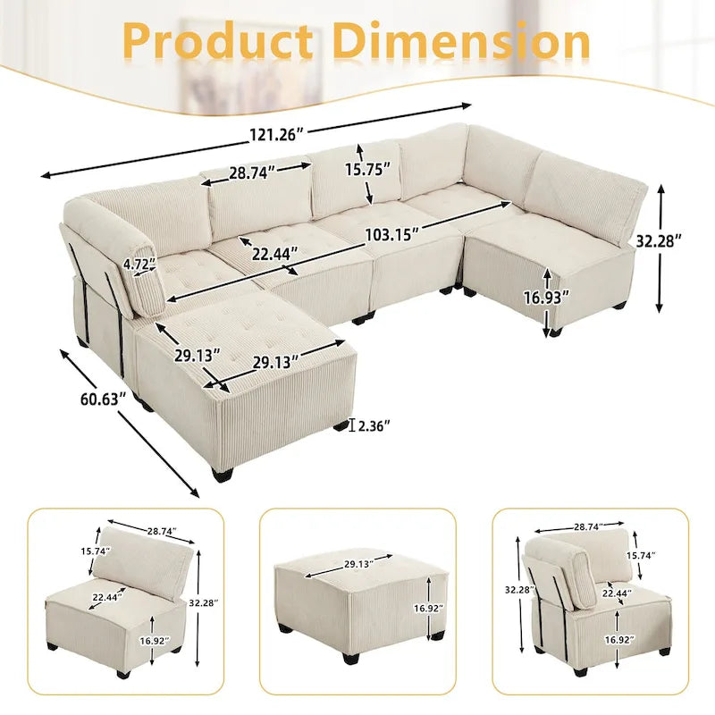 U-Shaped Corduroy Upholstered 6-Seat Convertible Modular Sectional Sofa Fit for Living Room