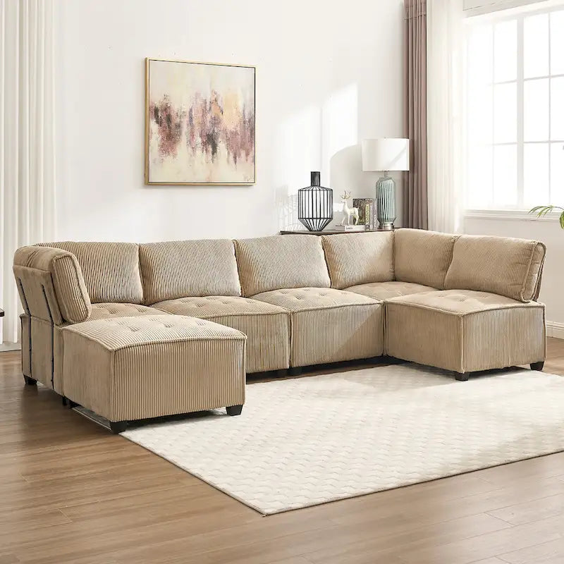 U-Shaped Corduroy Upholstered 6-Seat Convertible Modular Sectional Sofa Fit for Living Room