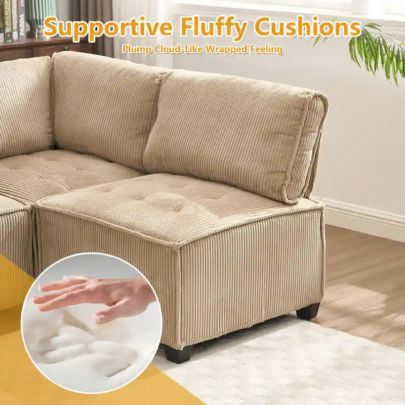 U-Shaped Corduroy Upholstered 6-Seat Convertible Modular Sectional Sofa Fit for Living Room