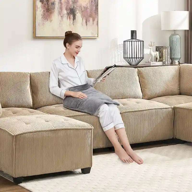 U-Shaped Corduroy Upholstered 6-Seat Convertible Modular Sectional Sofa Fit for Living Room