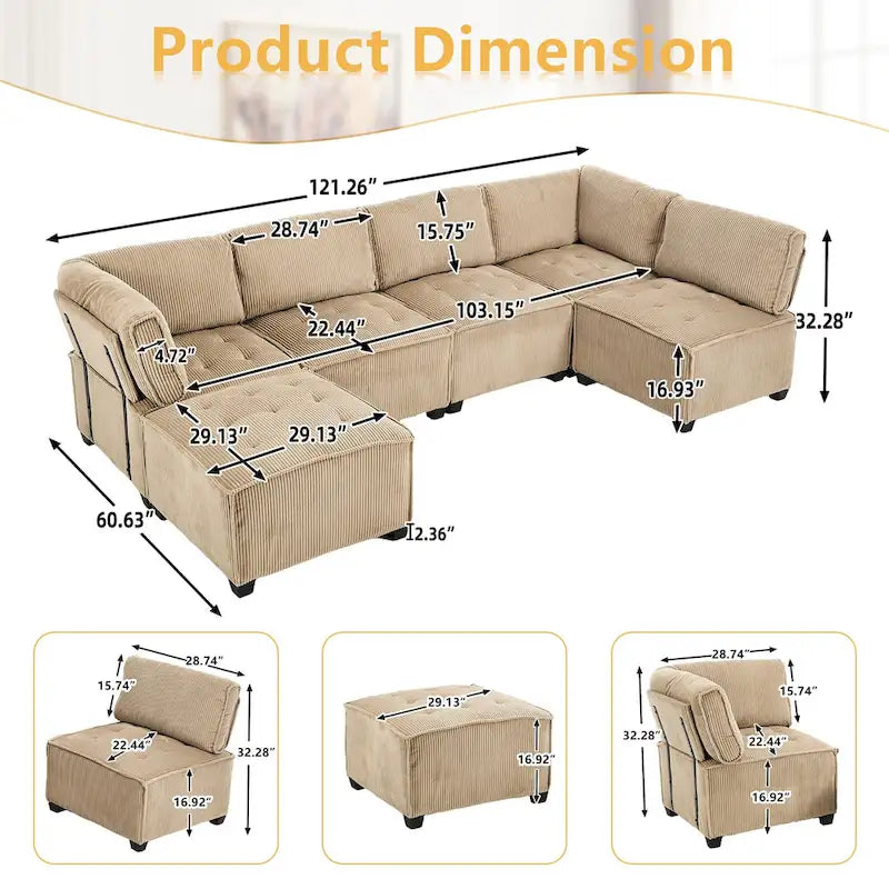 U-Shaped Corduroy Upholstered 6-Seat Convertible Modular Sectional Sofa Fit for Living Room