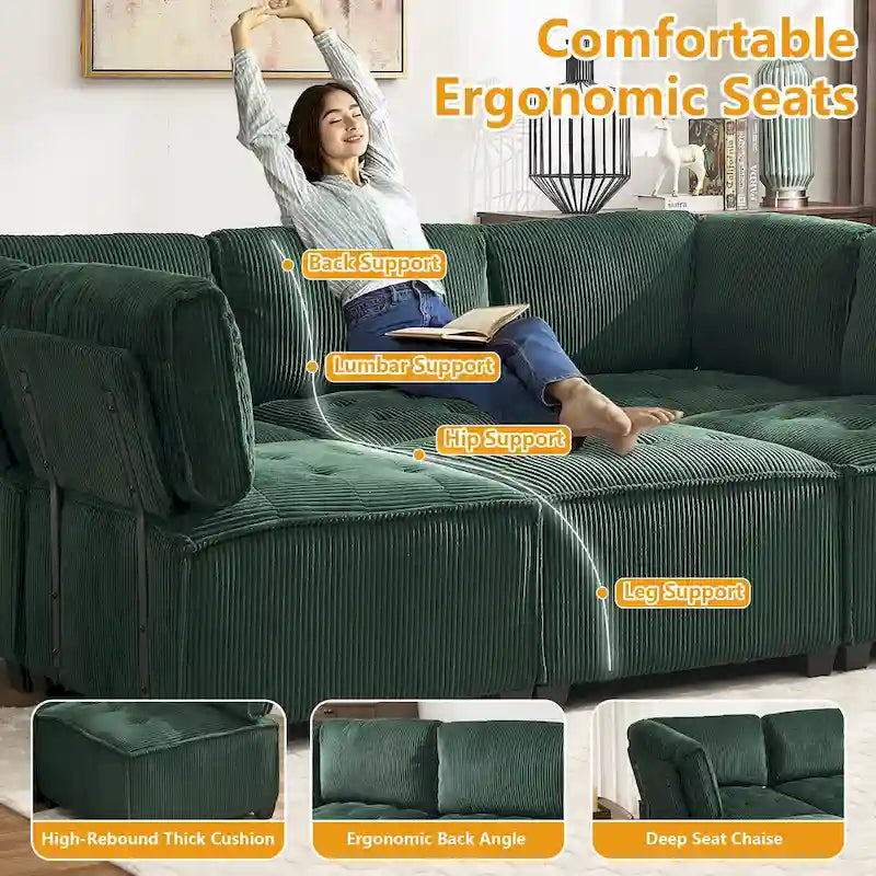 U-Shaped Corduroy Upholstered 6-Seat Convertible Modular Sectional Sofa Fit for Living Room
