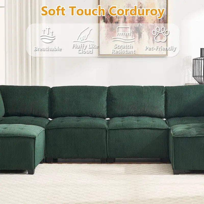 U-Shaped Corduroy Upholstered 6-Seat Convertible Modular Sectional Sofa Fit for Living Room