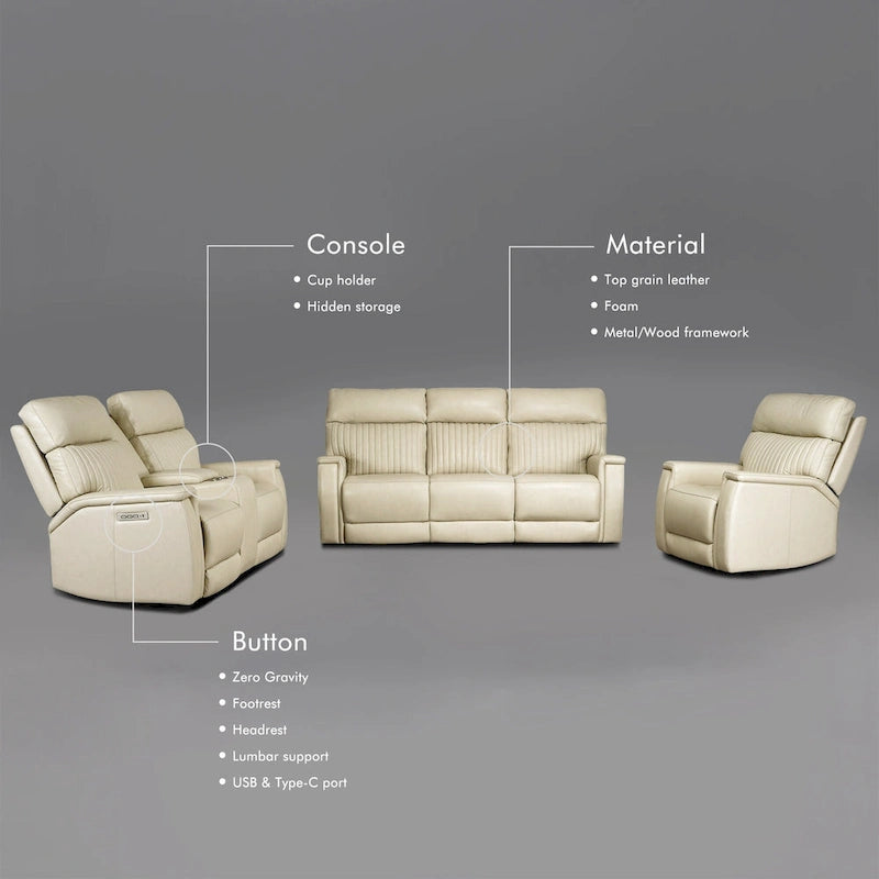 3-Piece Leather Zero Gravity Power Reclining Sofa Set with Power Headrest and Power Lumbar,USB&USB-C Port