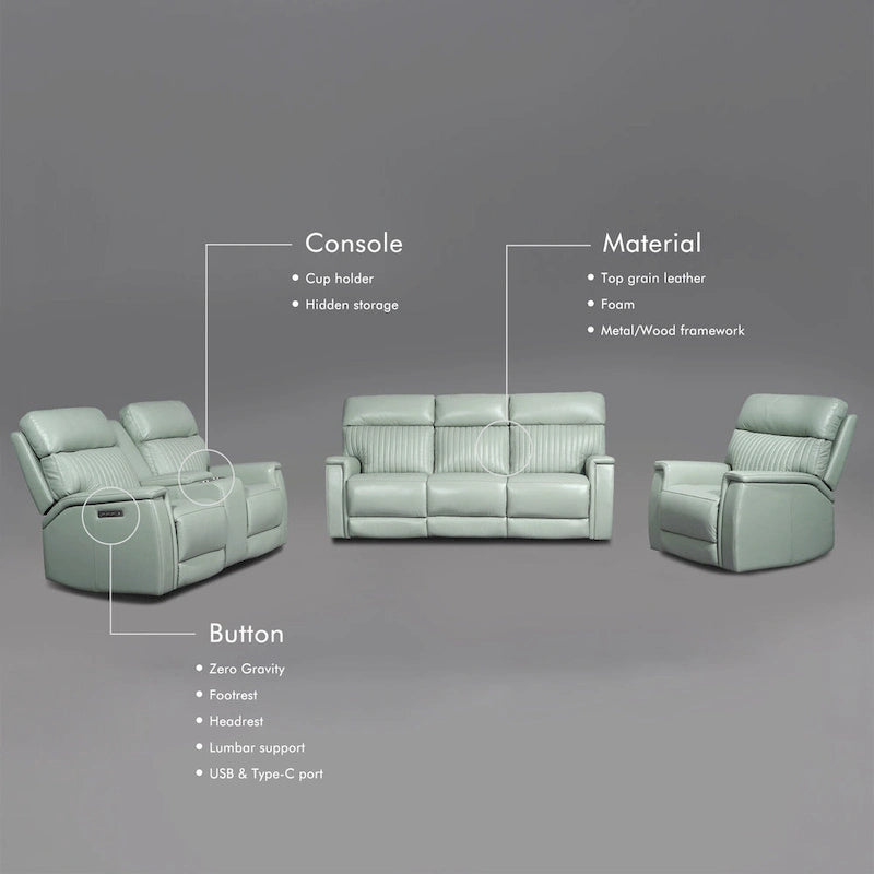 3-Piece Leather Zero Gravity Power Reclining Sofa Set with Power Headrest and Power Lumbar,USB&USB-C Port