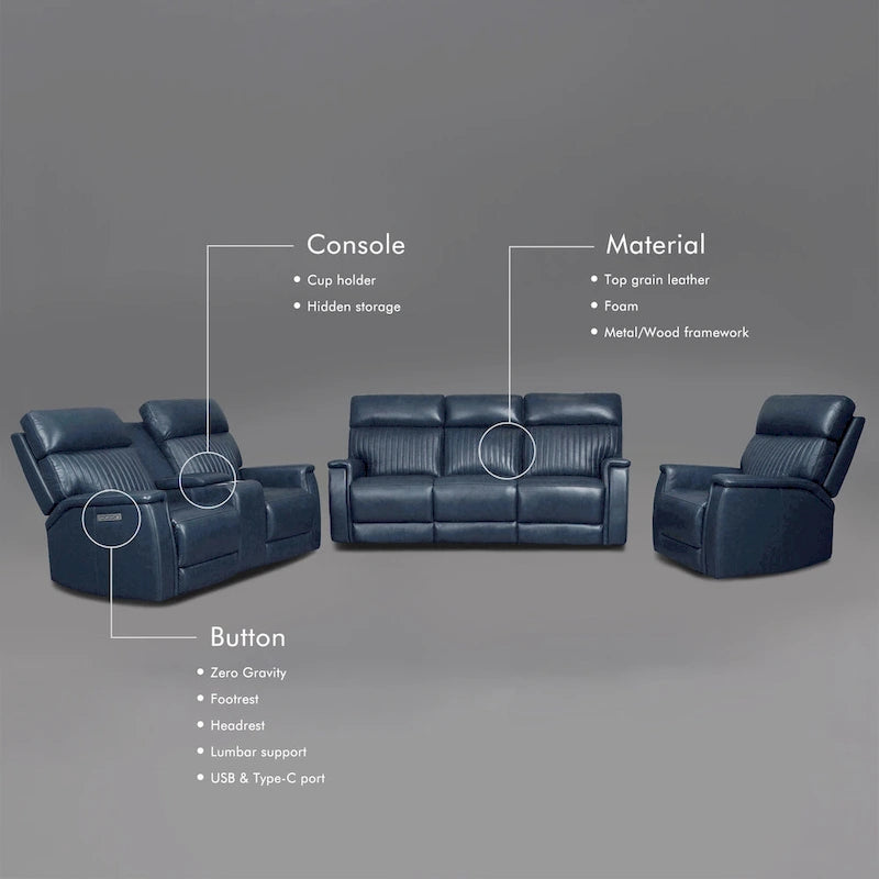 3-Piece Leather Zero Gravity Power Reclining Sofa Set with Power Headrest and Power Lumbar,USB&USB-C Port