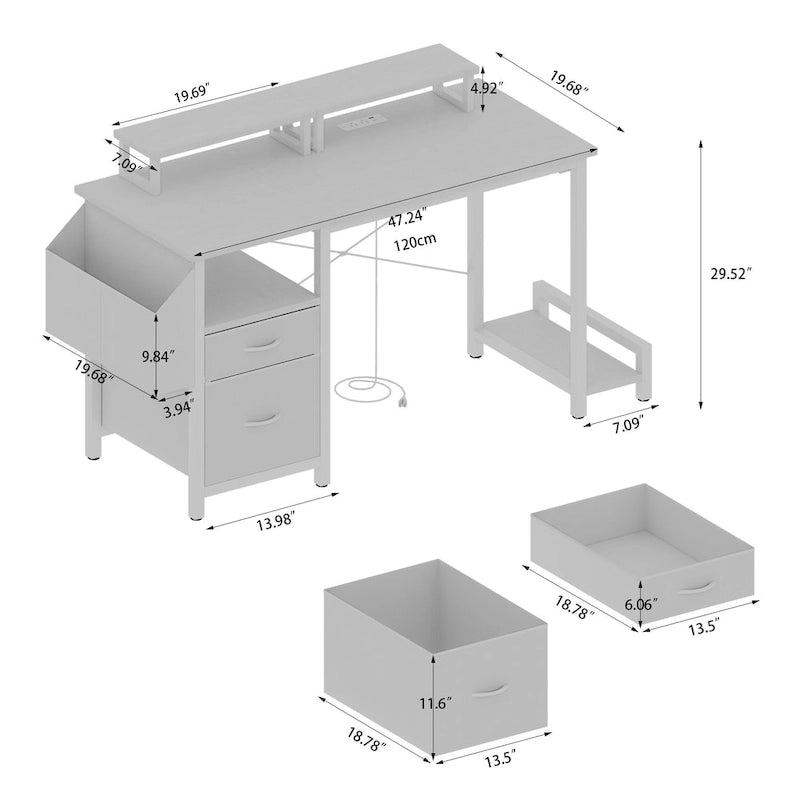 Modern Computer Office Desk with Power Station and Dual Monitor Stands and 2 Drawers for Home Office or Study Organization