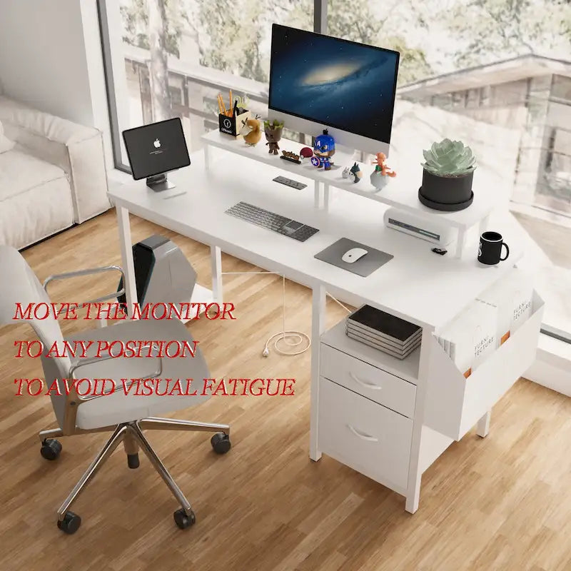 Modern Computer Office Desk with Power Station and Dual Monitor Stands and 2 Drawers for Home Office or Study Organization