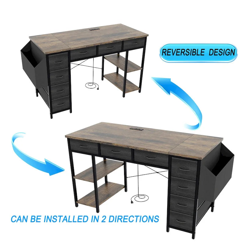 Modern Computer Office Desk with Power Station and Dual Monitor Stands and 2 Drawers for Home Office or Study Organization