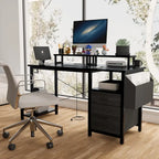 Modern Computer Office Desk with Power Station and Dual Monitor Stands and 2 Drawers for Home Office or Study Organization