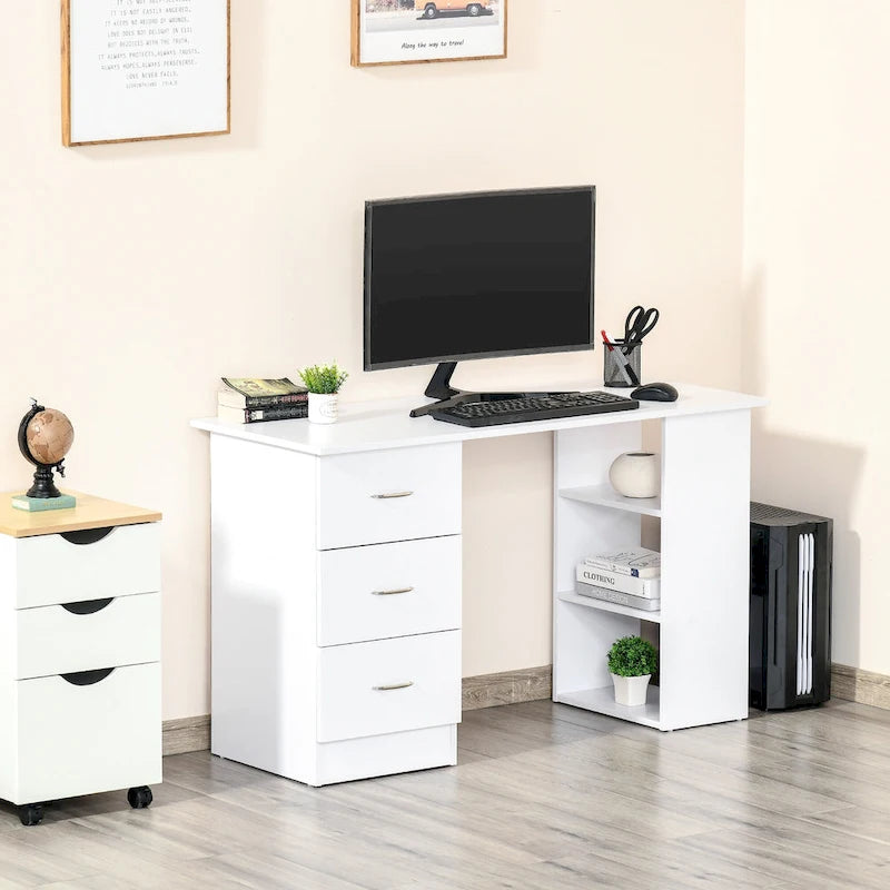 Modern Computer Office Desk with Reversible Storage Drawers and Shelves for Home Office and Dorm or Apartment Use